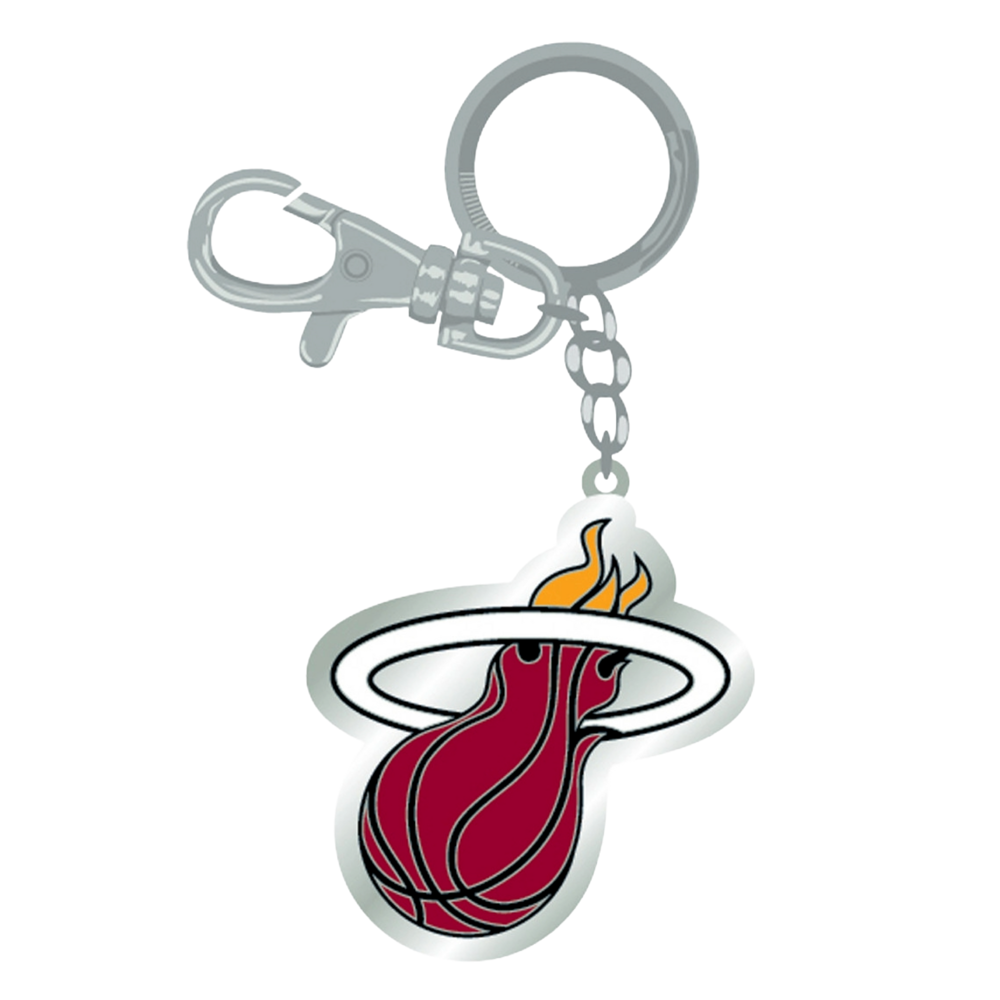 The Pro Specialties Miami HEAT Logo Keychain features a thick metal design with the iconic flaming basketball logo, attached to a sturdy silver keyring and clasp.