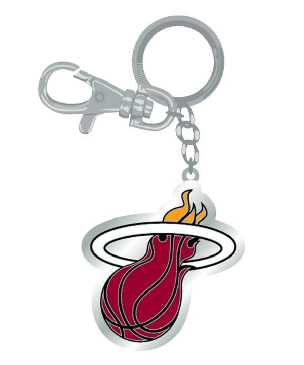 The Pro Specialties Miami HEAT Logo Keychain features a thick metal design with the iconic flaming basketball logo, attached to a sturdy silver keyring and clasp.