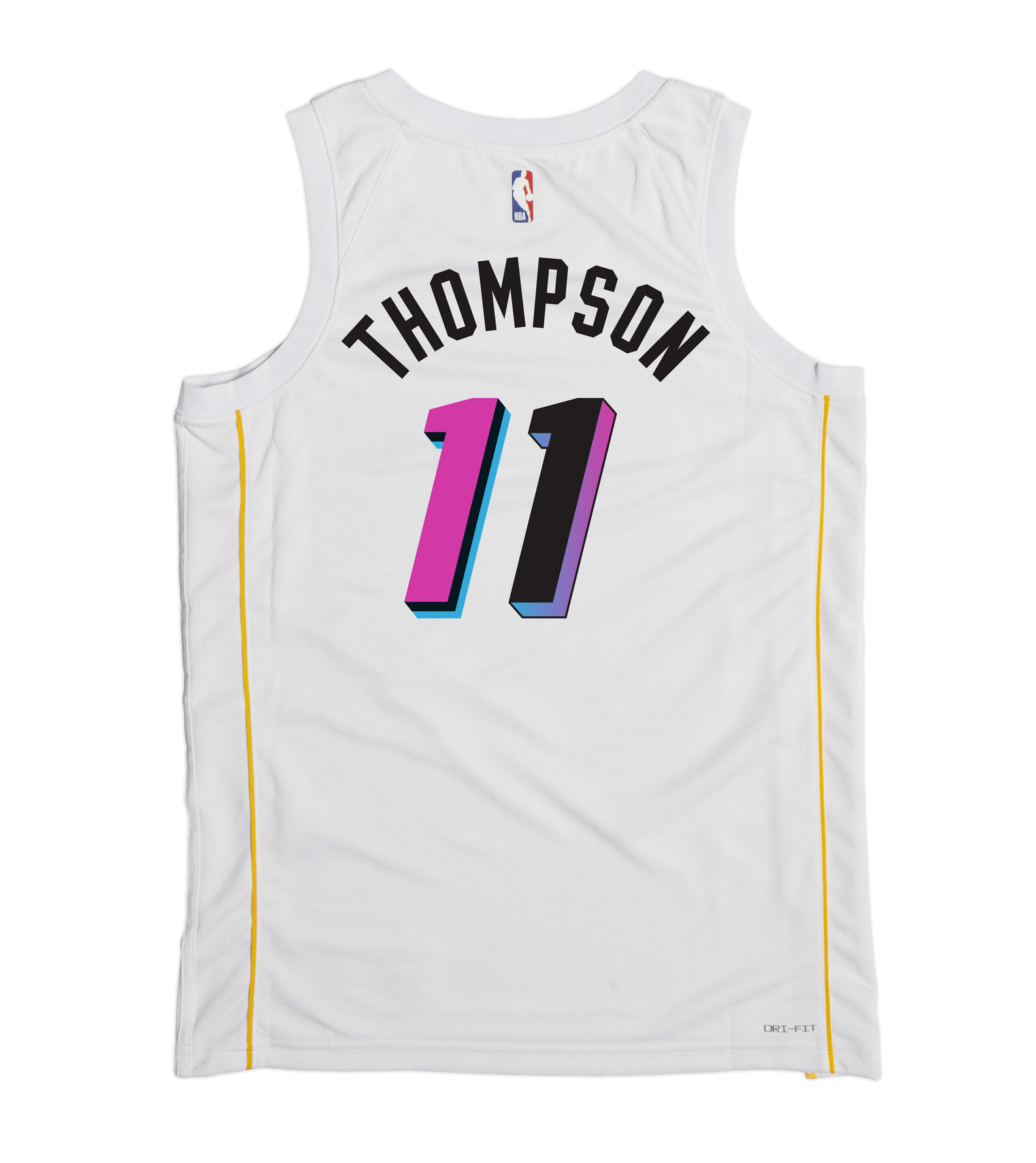 The Klay Thompson Nike Miami Mashup Vol. 2 Swingman Jersey by Nike is a white basketball jersey with a tailored fit, showcasing “THOMPSON” and the number 11 in pink and blue block lettering on the back. It features heat-applied twill details, yellow side stripes, and an NBA logo near the collar.