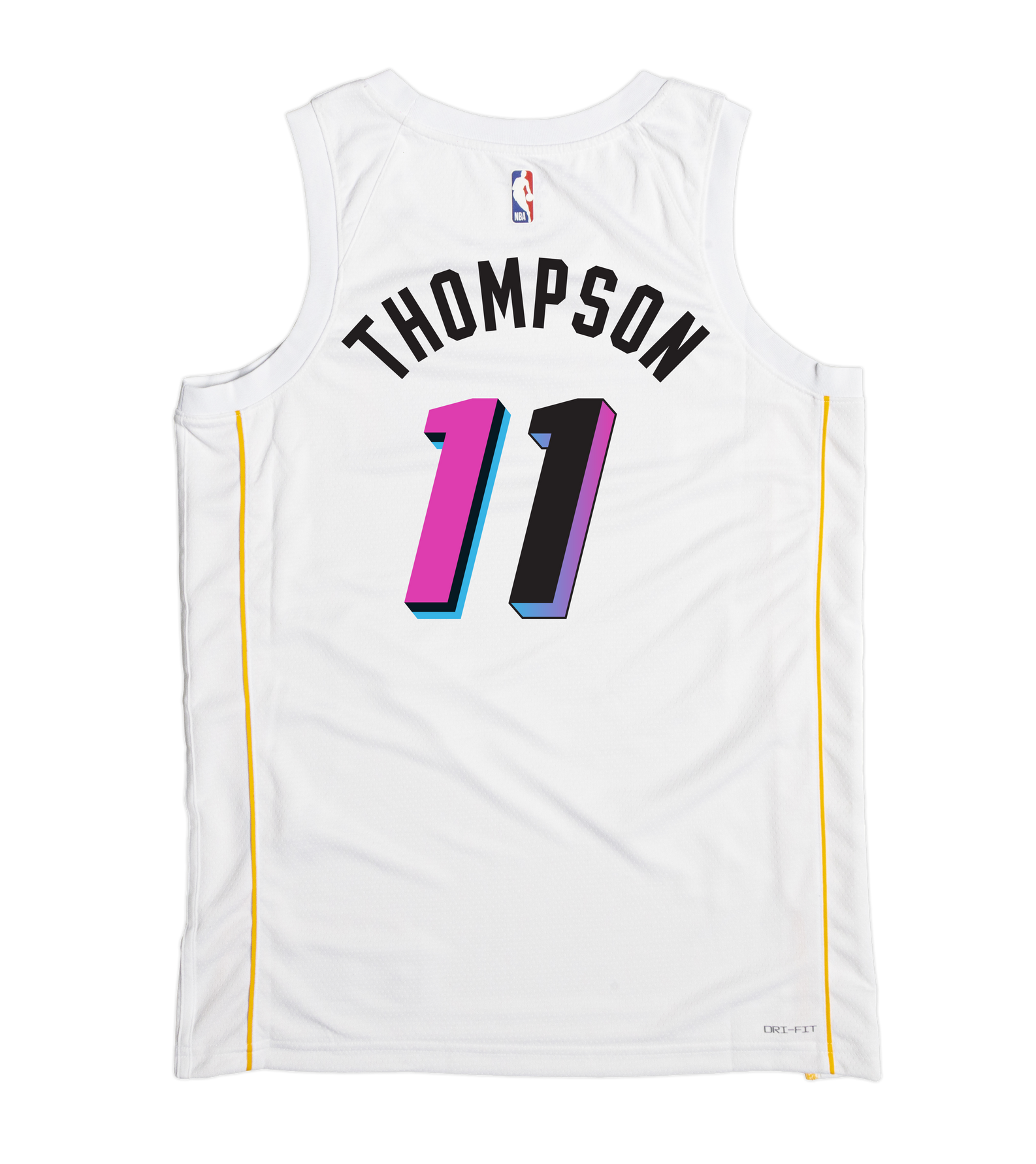 Introducing the Klay Thompson Nike Miami Mashup Vol. 2 Swingman Jersey by Nike—a white basketball jersey showcasing “THOMPSON” and the number 11 on the back in bold, vibrant lettering. This jersey features yellow side stripes, authentic logos including an NBA emblem at the top, and is designed with a tailored fit for enhanced comfort.