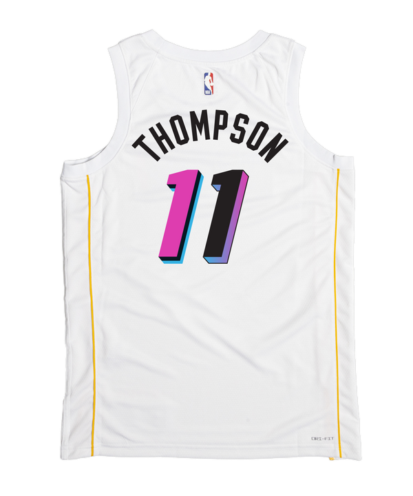 Introducing the Klay Thompson Nike Miami Mashup Vol. 2 Swingman Jersey—a white basketball jersey designed by Nike, featuring vibrant “Miami” text across the front, number 11, and bold yellow side stripes. Made with Dri-FIT fabric for a tailored fit, this authentic jersey displays official Nike, Robinhood, and NBA logos on the front.