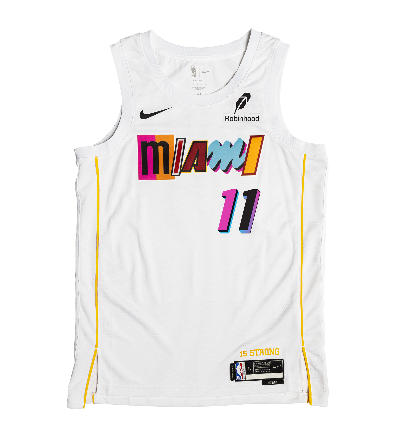 Introducing the Klay Thompson Nike Miami Mashup Vol. 2 Swingman Jersey—a white basketball jersey designed by Nike, featuring vibrant “Miami” text across the front, number 11, and bold yellow side stripes. Made with Dri-FIT fabric for a tailored fit, this authentic jersey displays official Nike, Robinhood, and NBA logos on the front.