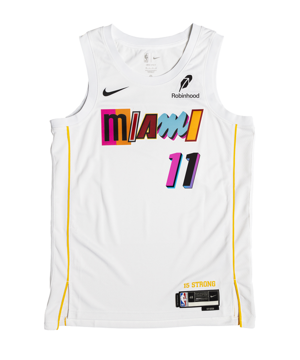Introducing the Klay Thompson Nike Miami Mashup Vol. 2 Swingman Jersey—a white basketball jersey designed by Nike, featuring vibrant “Miami” text across the front, number 11, and bold yellow side stripes. Made with Dri-FIT fabric for a tailored fit, this authentic jersey displays official Nike, Robinhood, and NBA logos on the front.