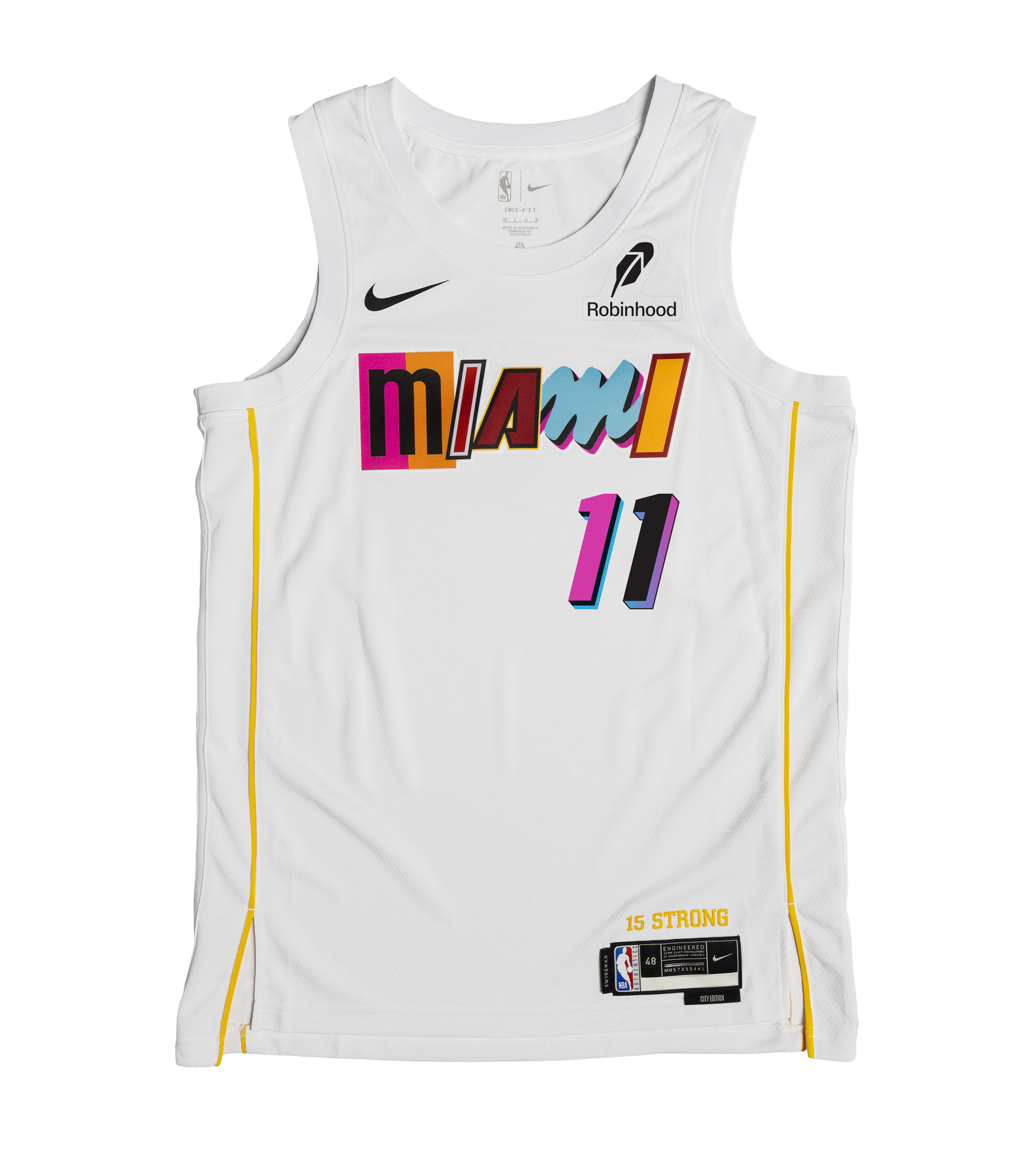 The Klay Thompson Nike Miami Mashup Vol. 2 Swingman Jersey by Nike features a white design with colorful, mixed-font “miami” lettering, number 11, and yellow side stripes. Tailored for a comfortable fit with heat-applied twill accents, it incorporates advanced Nike Dri-FIT technology for moisture management. Both the Nike logo and Robinhood logo are displayed on the chest.