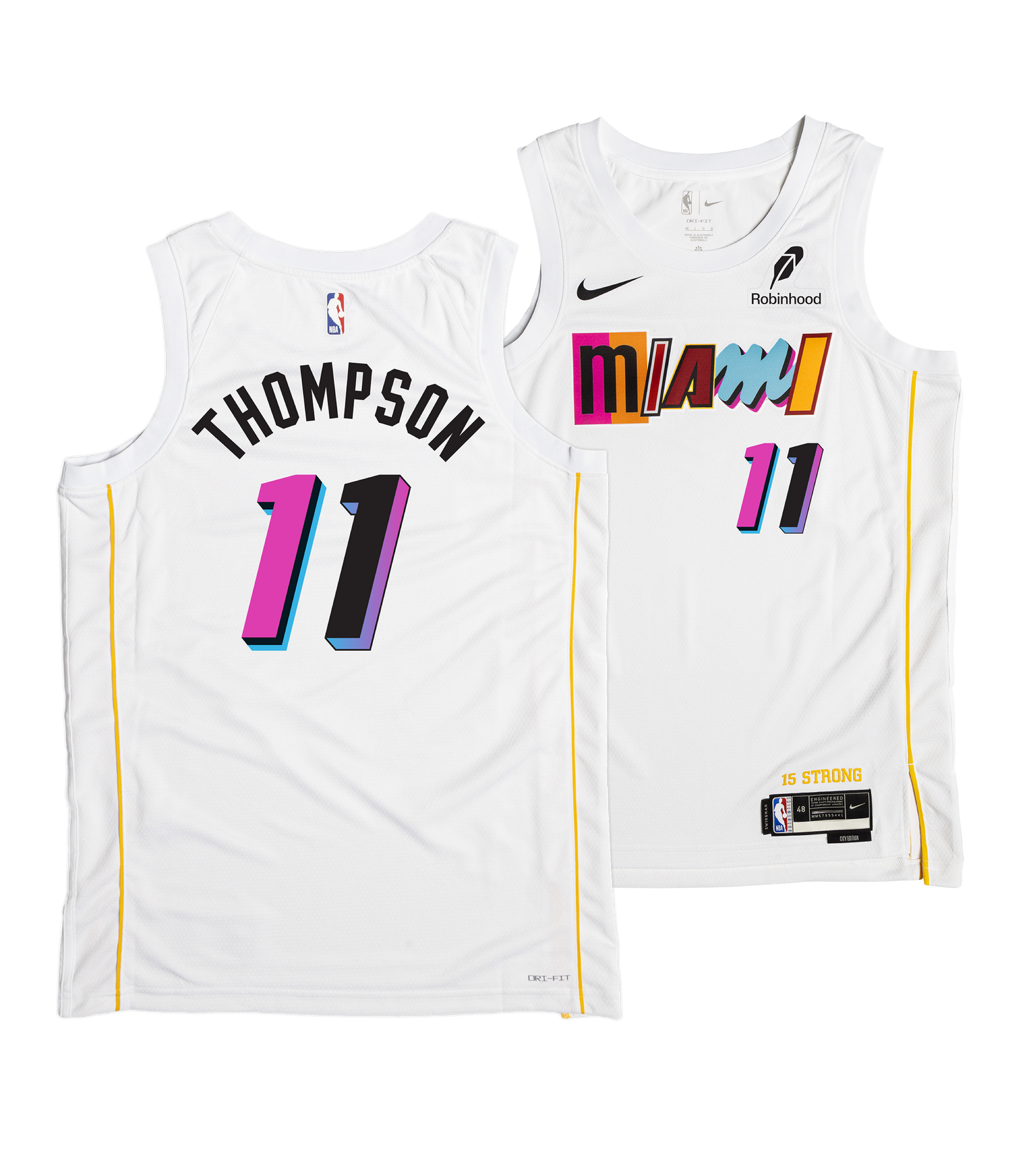 Two white Klay Thompson Nike Miami Mashup Vol. 2 Swingman Jerseys feature colorful numbers and lettering, with “Thompson 11” on the back and “Miami 11” on the front. Authentic Nike and Robinhood logos are visible. This Nike Dri-FIT jersey provides a tailored fit for comfort both on and off the court.