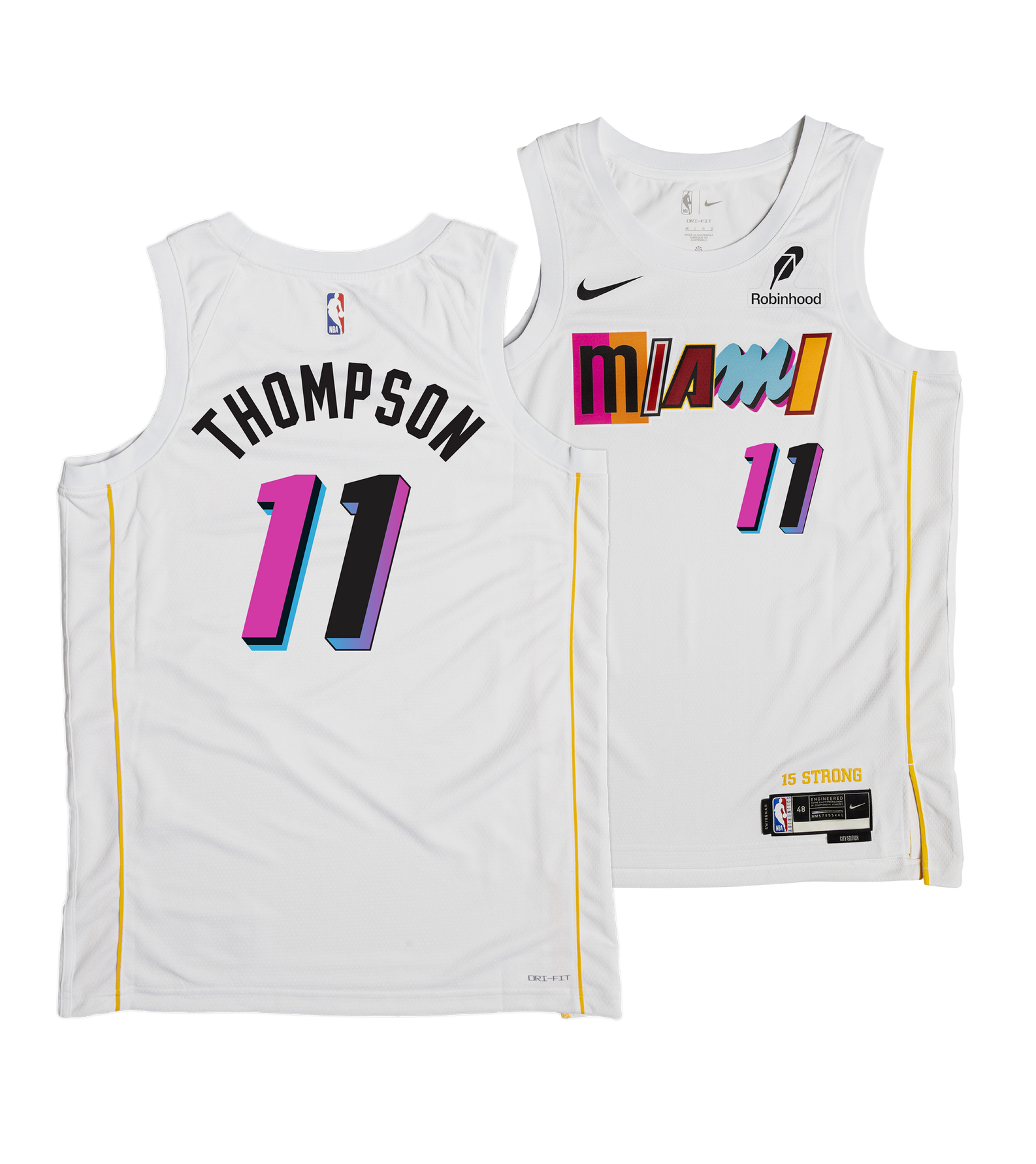 Introducing the Klay Thompson Nike Miami Mashup Vol. 2 Swingman Jersey: a pair of white Miami Heat basketball jerseys designed by Nike, each showcasing vibrant “Miami” text and the number 11 on the front. The back features Thompson’s name and number 11, all crafted with Nike Dri-FIT technology for superior comfort and moisture management. Premium details include a tailored fit, heat-applied twill accents, and visible Nike and Robinhood logos for an authentic look.