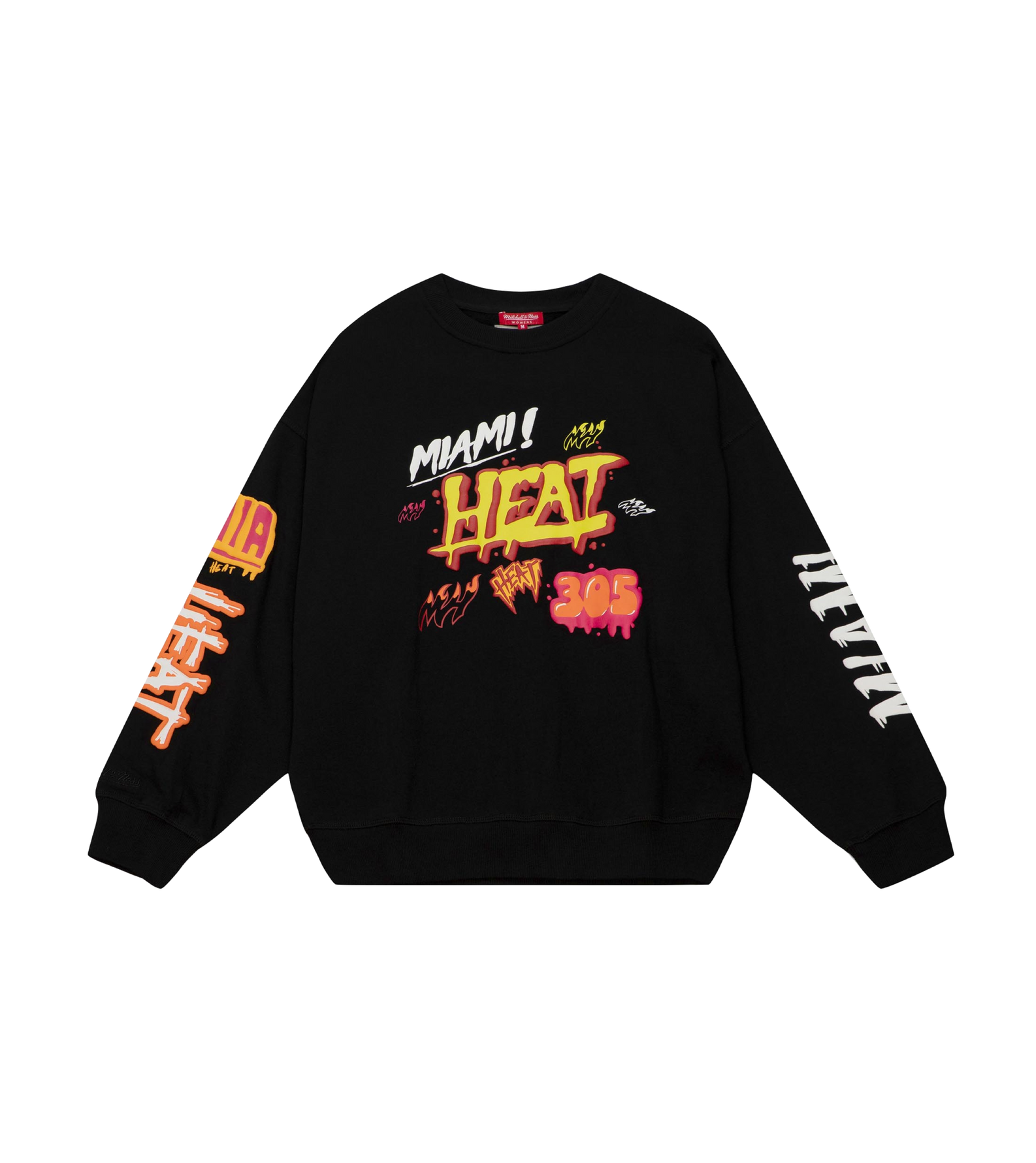 Black Mitchell & Ness Miami HEAT crewneck with colorful graphic and long sleeves. - Mitchell & Ness Miami HEAT Slap Sticker Crewneck