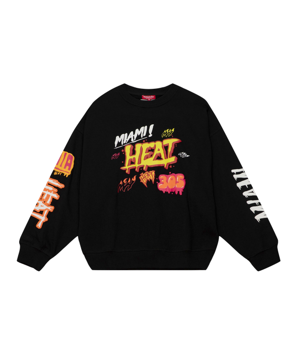 Black Mitchell & Ness Miami HEAT crewneck with colorful graphic and long sleeves. - Mitchell & Ness Miami HEAT Slap Sticker Crewneck