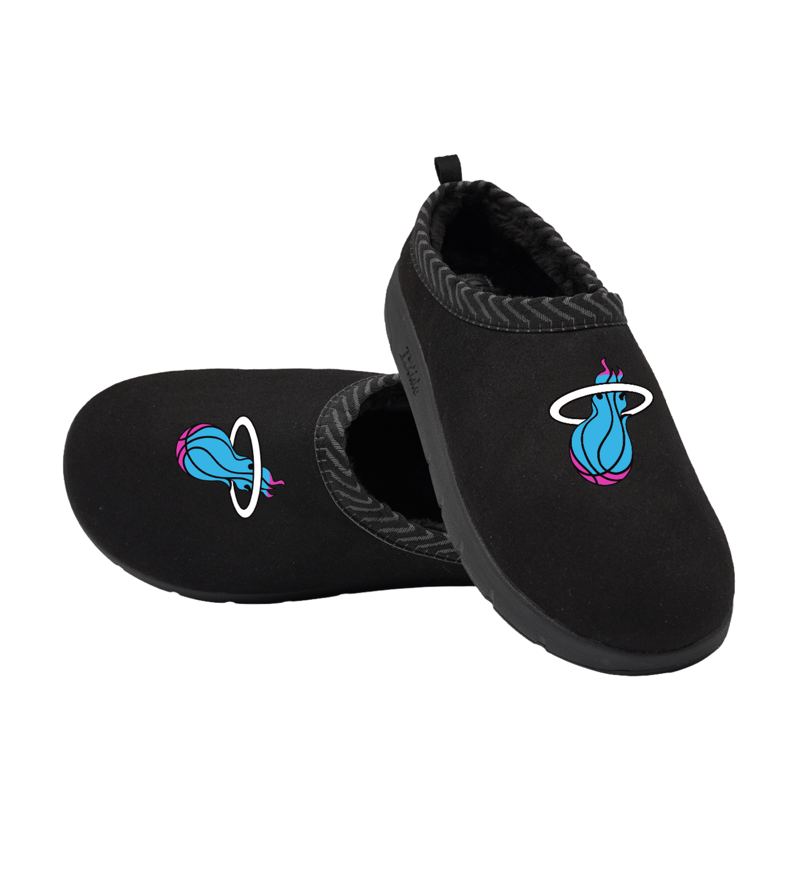 A pair of black ISlide Miami HEAT Original Vice Nights Mission Slippers with a faux fur lining, featuring a basketball flame logo in pink, blue, and white.