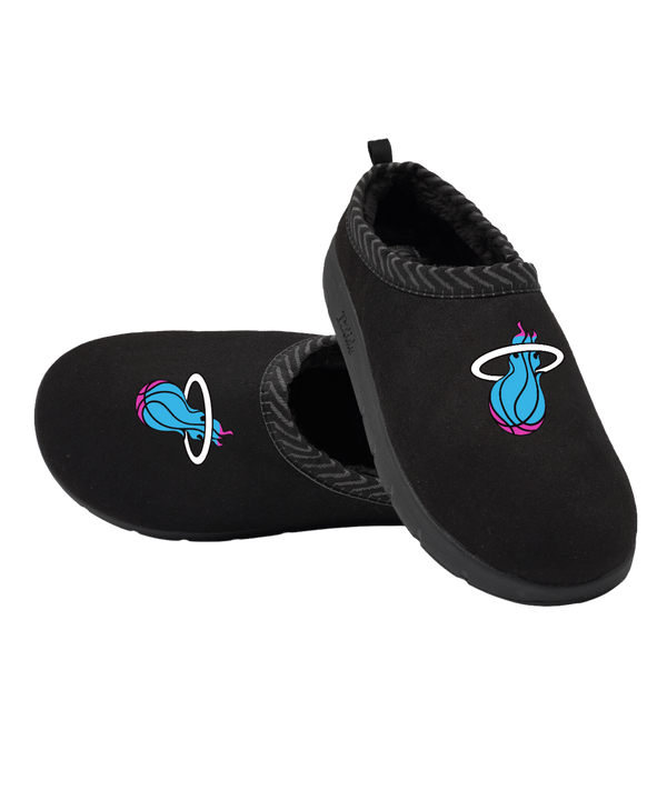 ISlide Miami HEAT Original Vice Nights Mission slippers in black with faux fur lining, featuring a teal and pink basketball flame logo on the top.