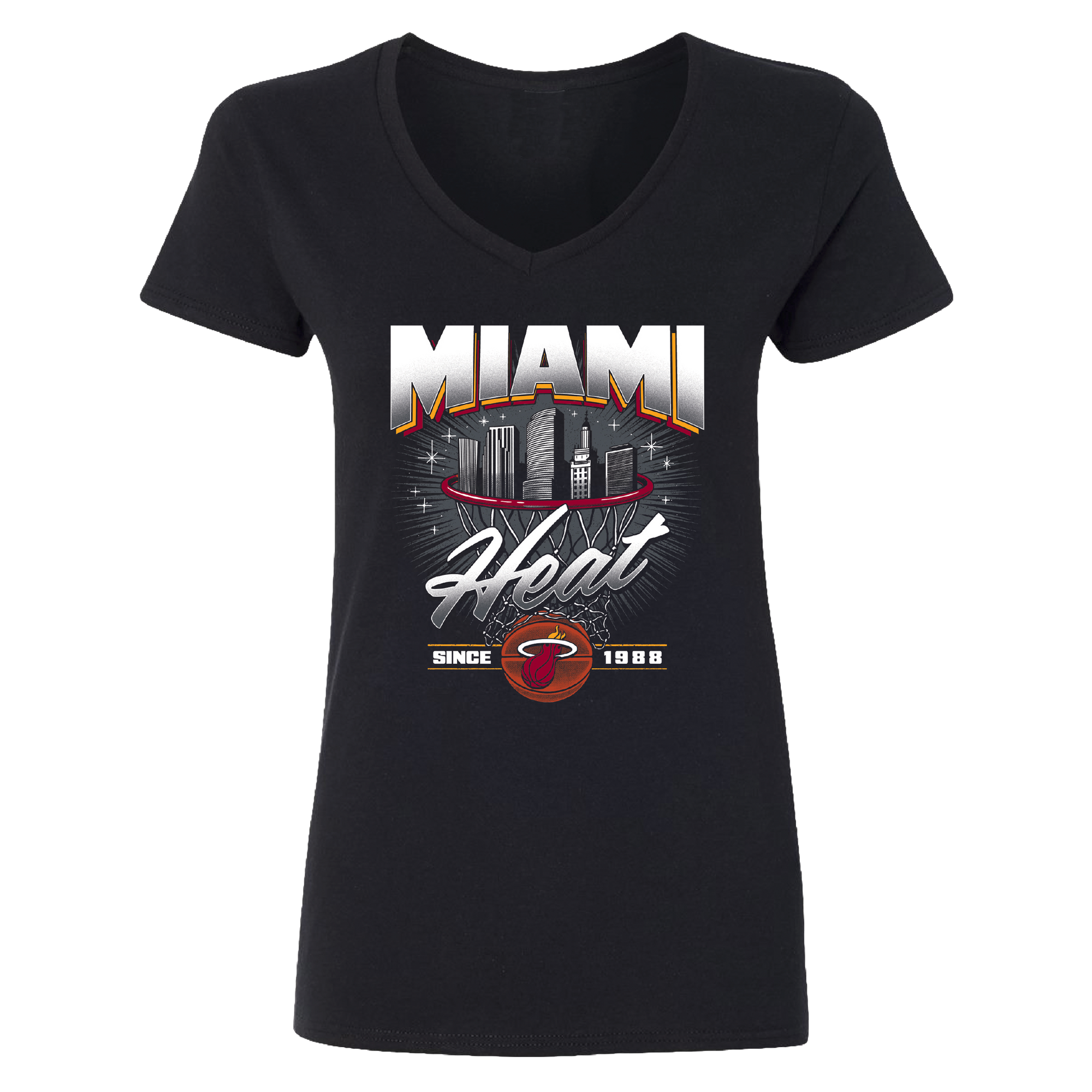 The Miami HEAT Women's Retro Net Tee by Item Of The Game is a black V-neck with “MIAMI HEAT,” city skyline, team logo, and “Since 1988” graphic. Made of 100% cotton in a standard fit. For best results, machine wash cold.