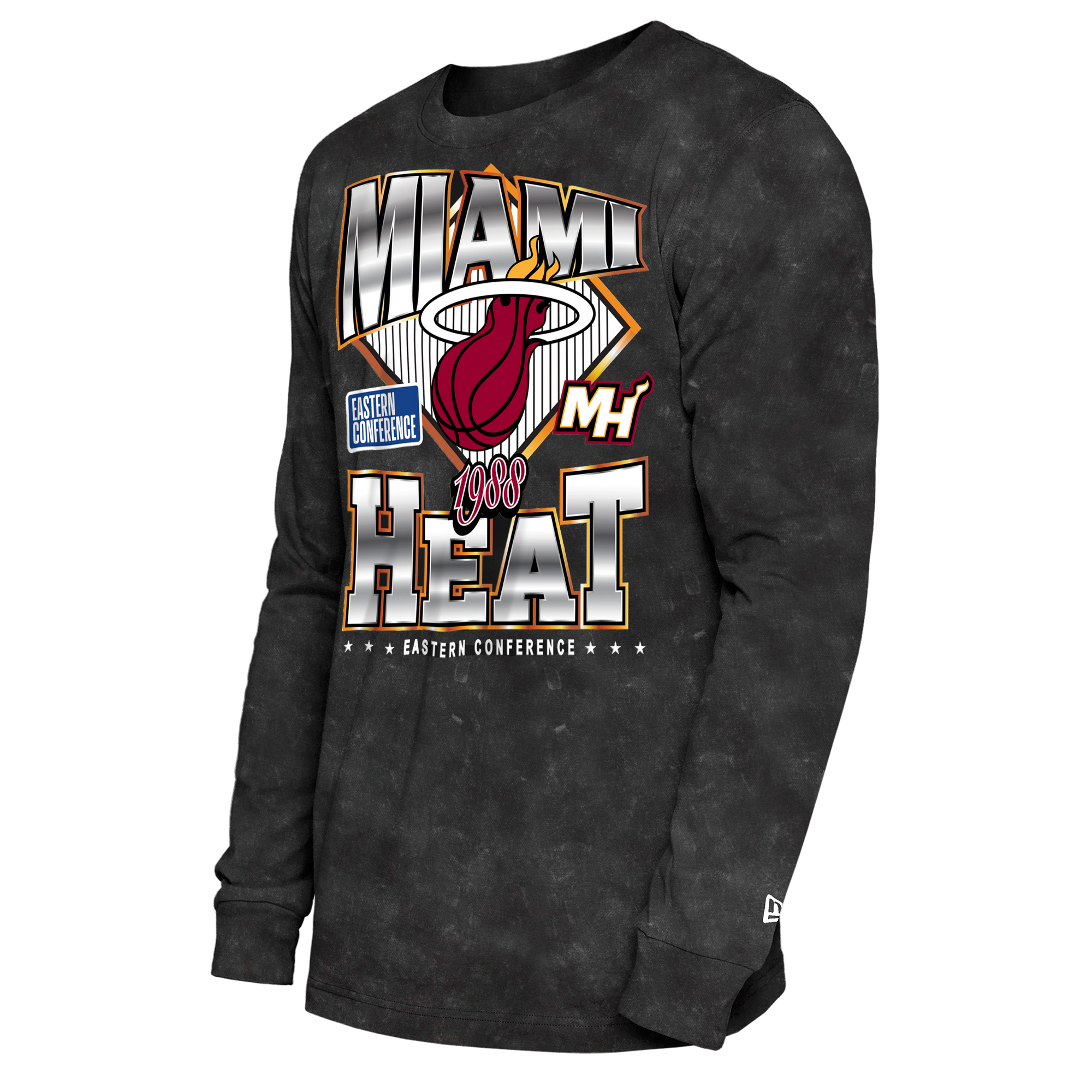 The New Era Miami HEAT Washed Long Sleeve Tee features black tie-dye, bold MIAMI HEAT text, logo, Eastern Conference badges, 
