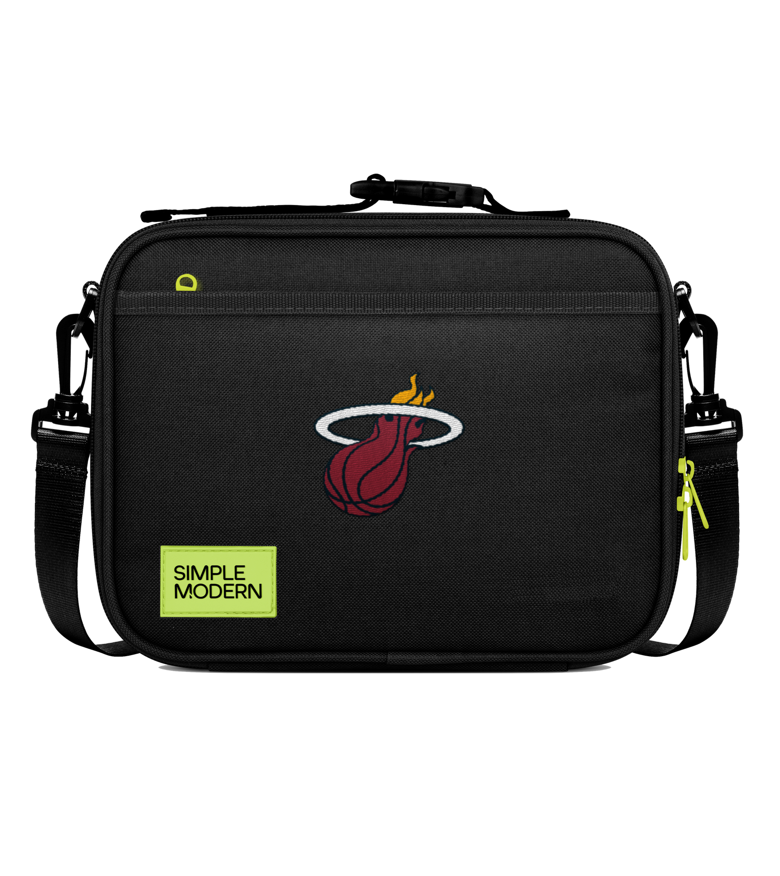 Simple Modern Miami HEAT Lunchbox—gift with purchase—featured as a black insulated lunch bag with a Miami Heat basketball logo, neon yellow zipper, green Simple Modern patch made from recycled polyester, and an adjustable shoulder strap against a plain white background.