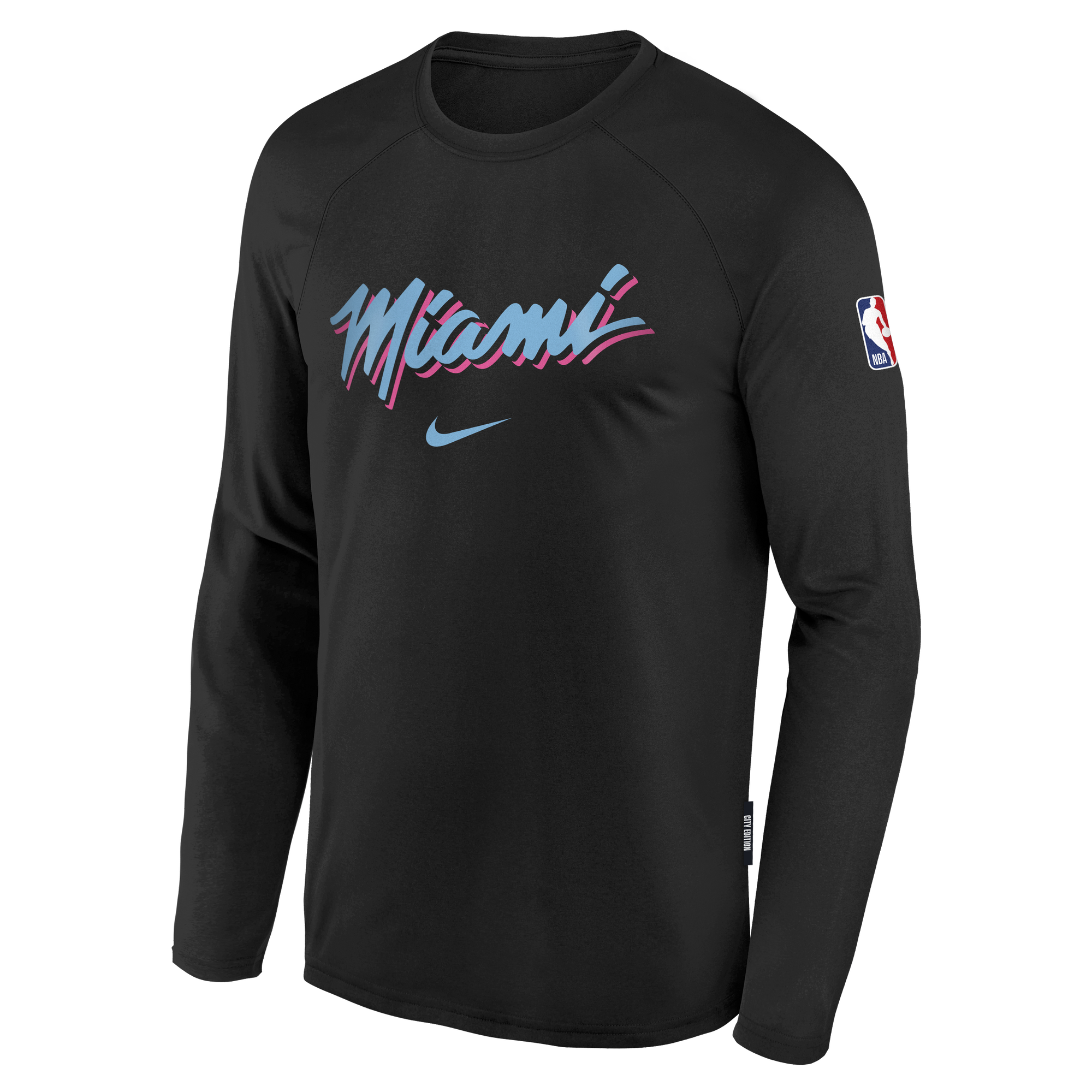 The Nike Miami HEAT Original Vice Nights Long Sleeve Wordmark Youth Tee is a black polyester shirt with 