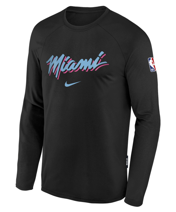 The Nike Miami HEAT Original Vice Nights Long Sleeve Wordmark Youth Tee is a black polyester shirt with 