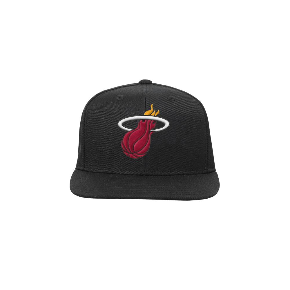 The Outerstuff Miami HEAT Logo Youth Flatbrim Snapback features a black polyester design with the team's red flaming basketball logo on front. One size fits most and easy to spot clean, shown against a plain white background.