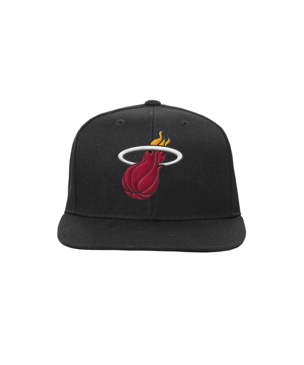 The Outerstuff Miami HEAT Logo Youth Flatbrim Snapback features a black polyester design with the team's red flaming basketball logo on front. One size fits most and easy to spot clean, shown against a plain white background.