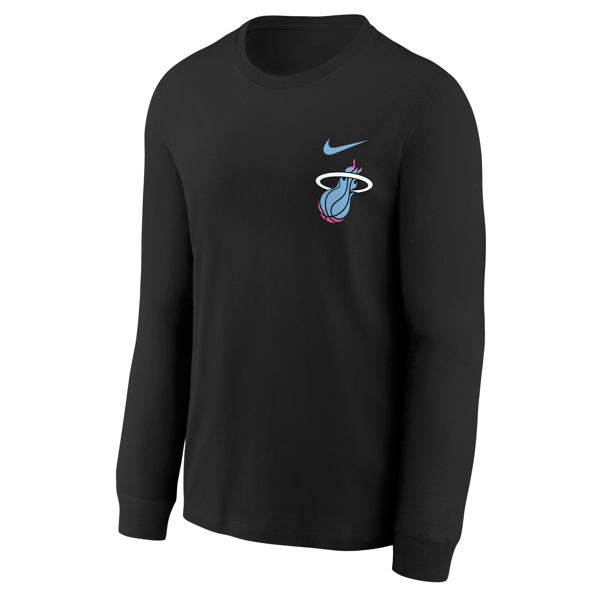The Nike Miami HEAT Original Vice Nights Long Sleeve Youth Tee is a black, standard fit cotton shirt with a small Miami Heat logo and blue Nike swoosh on the upper left chest. Machine washable, it’s shown on a plain white background.