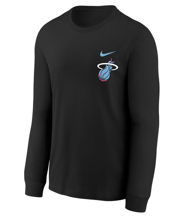 The Nike Miami HEAT Original Vice Nights Long Sleeve Youth Tee is a black, standard fit cotton shirt with a small Miami Heat logo and blue Nike swoosh on the upper left chest. Machine washable, it’s shown on a plain white background.