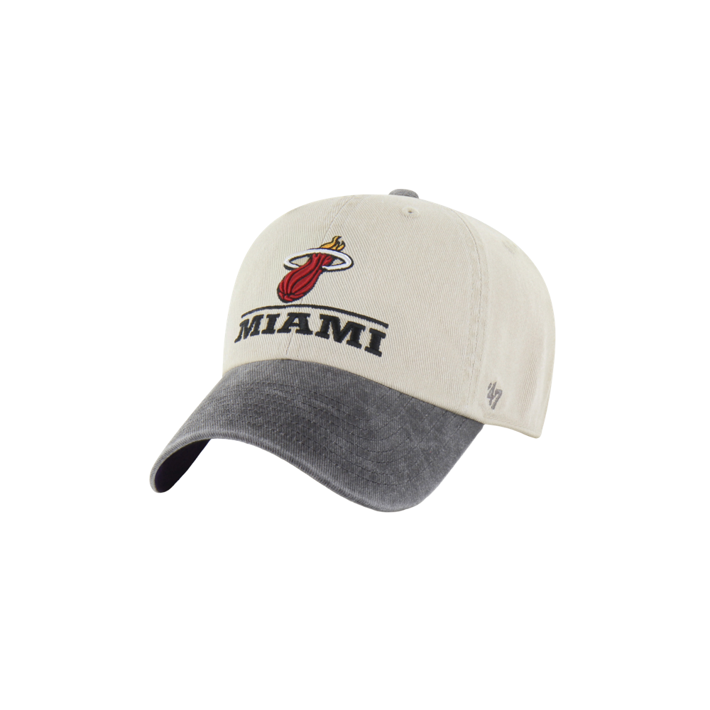Introducing the ’47 Brand Miami HEAT Logo-Line Dad Hat—a beige and gray cap featuring the iconic Miami Heat logo and MIAMI text on the front. Made by ’47 Brand from soft cotton, this one-size-fits-most hat is shown on a white background and is easy to care for with simple spot cleaning.