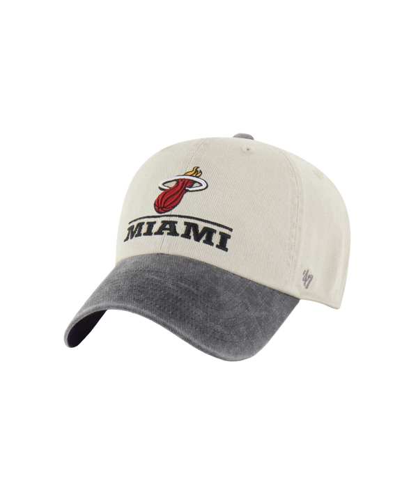 Introducing the ’47 Brand Miami HEAT Logo-Line Dad Hat—a beige and gray cap featuring the iconic Miami Heat logo and MIAMI text on the front. Made by ’47 Brand from soft cotton, this one-size-fits-most hat is shown on a white background and is easy to care for with simple spot cleaning.