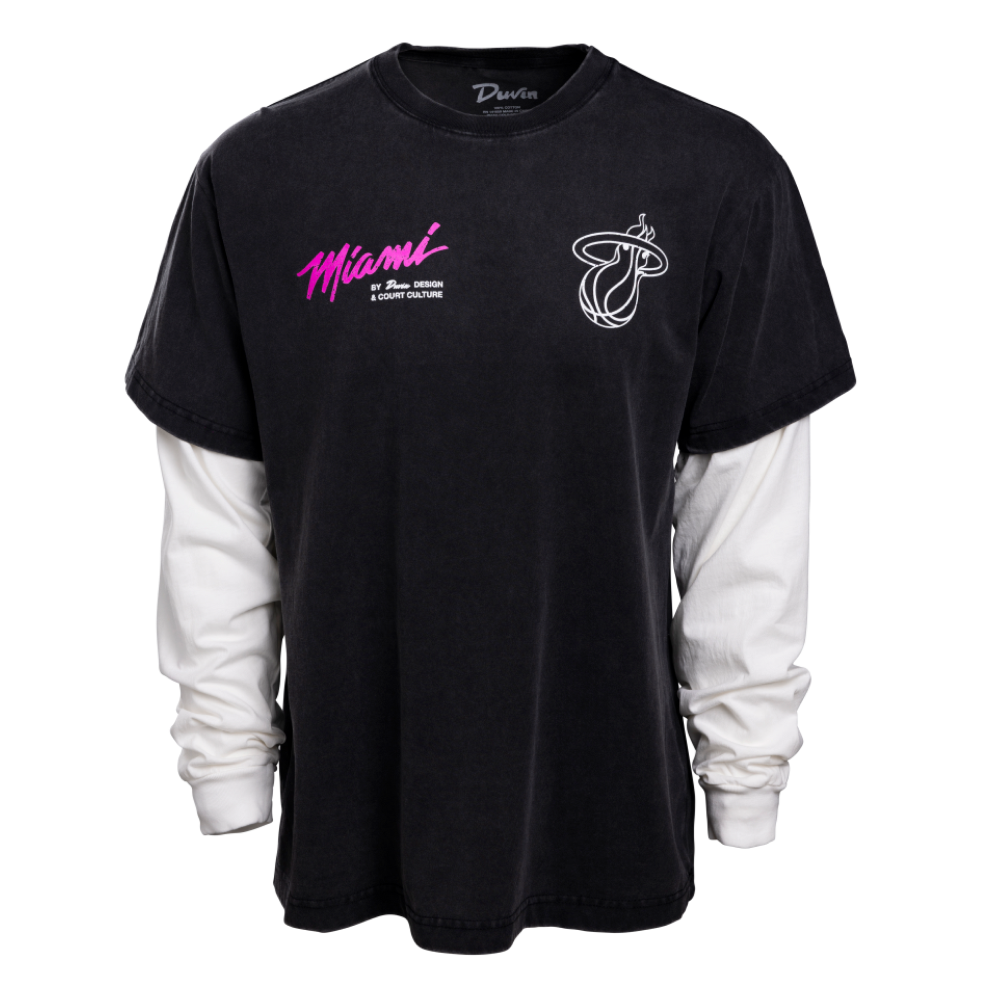 The Court Culture x Duvin Original Vice Long Sleeve Tee by Court Culture features a black vintage wash, layered white long sleeves, and a pink “Miami” script with team logo on the front, inspired by Vice Nights.