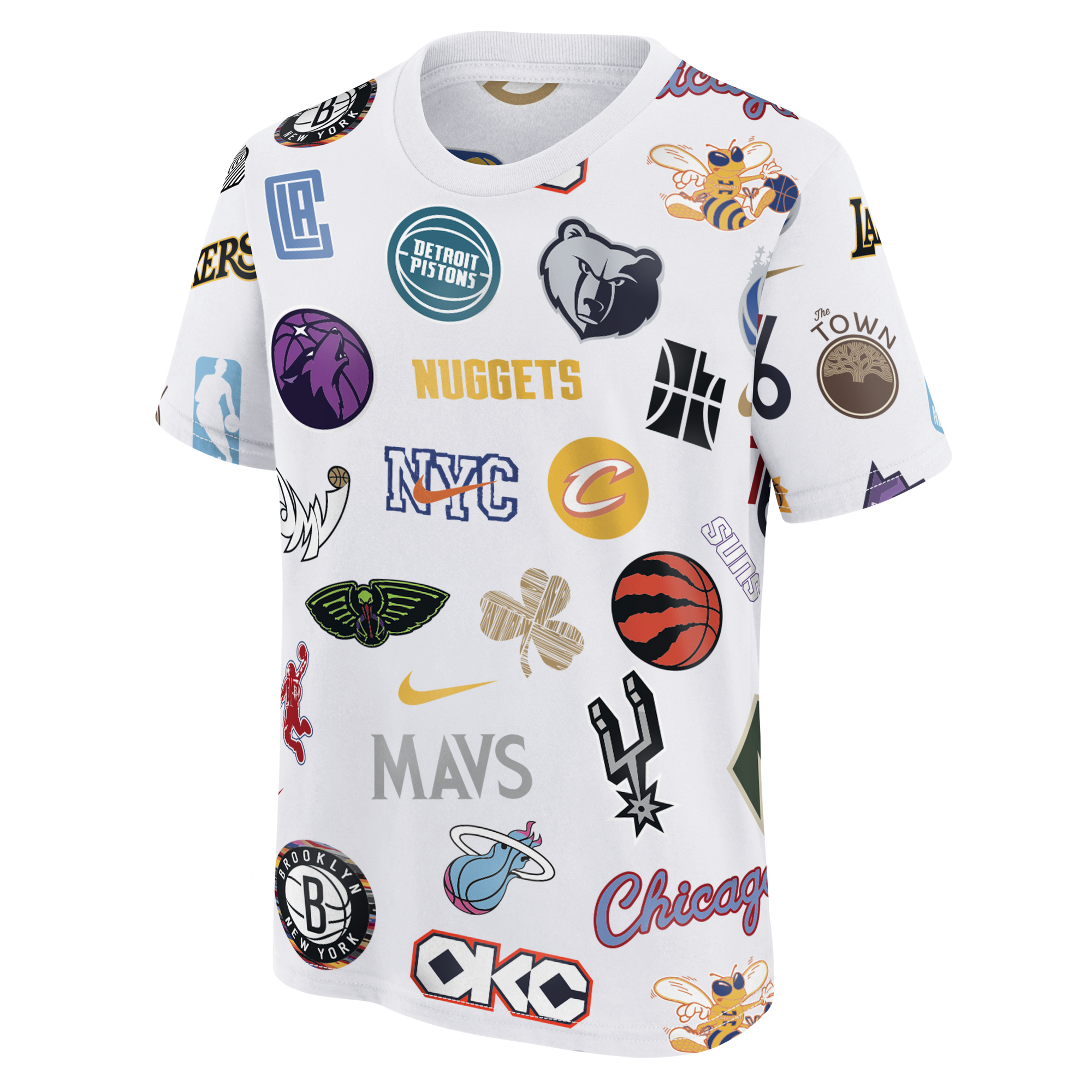 The Nike NBA Allover Original Vice Nights Logo Youth Tee by Nike is a white cotton t-shirt with colorful NBA team logos across the front. This machine-washable tee offers a standard fit for everyday comfort and style.