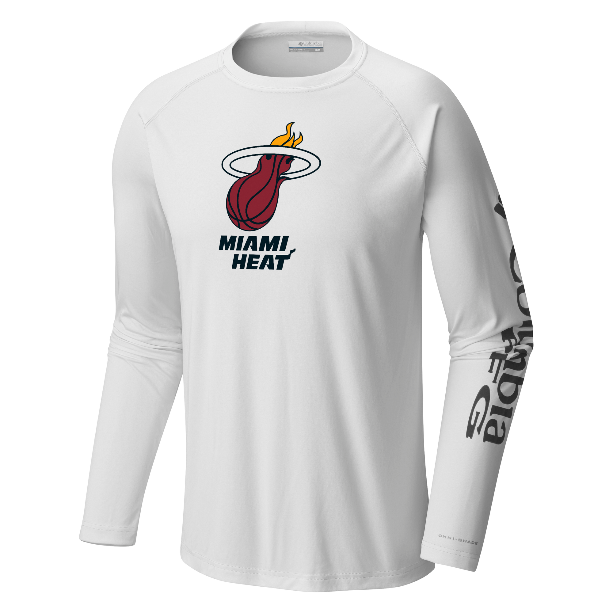 The Columbia Miami HEAT Logo Terminal Long Sleeve Tee by Columbia Outdoor is a white polyester shirt with the Miami Heat logo and text on the front, plus 