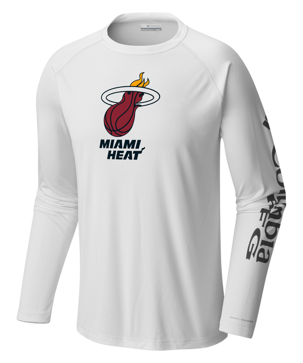 The Columbia Miami HEAT Logo Terminal Long Sleeve Tee by Columbia Outdoor is a white polyester shirt with the Miami Heat logo and text on the front, plus 