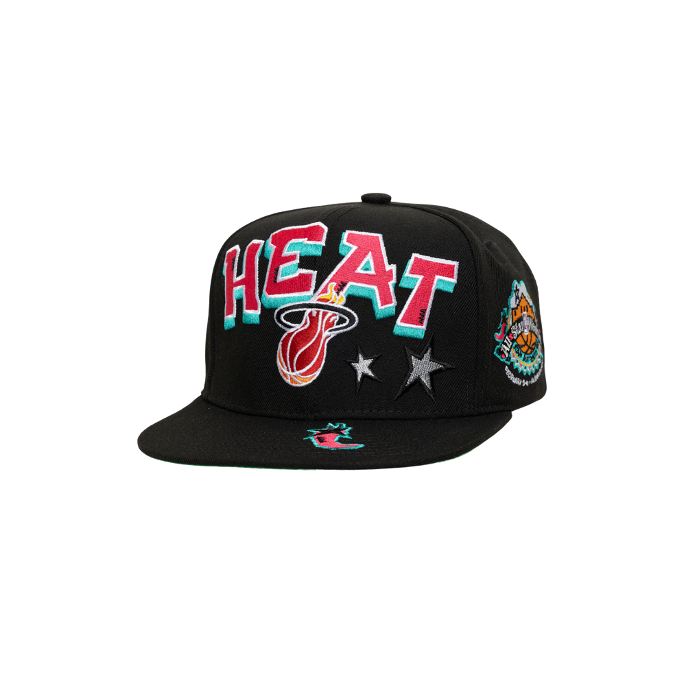 The Mitchell & Ness Miami HEAT '96 All-Star Snapback features a black polyester build, bold HEAT logo with flaming basketball, two stars, and a colorful side patch. One size fits most; spot clean for lasting style.