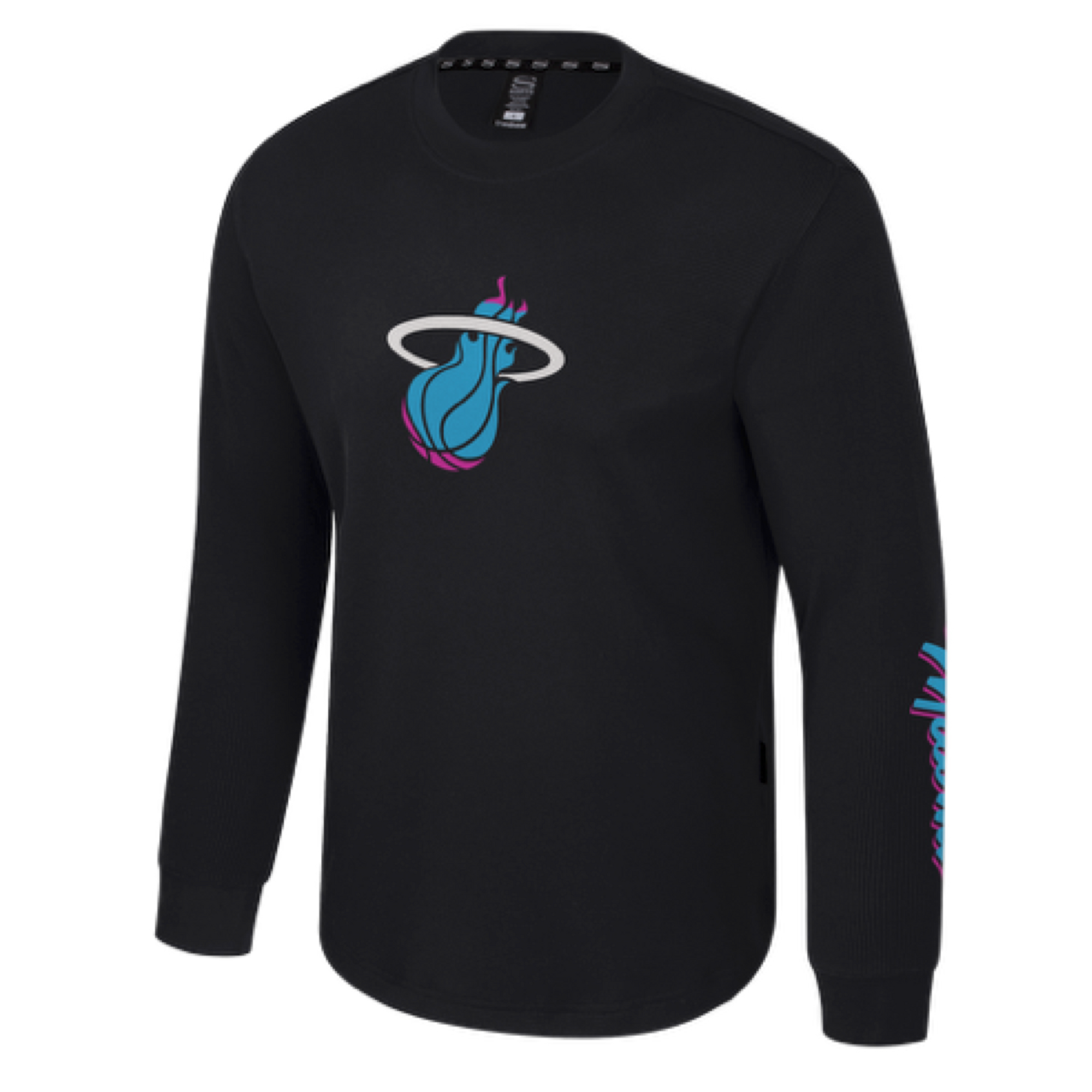 The Stadium Essentials Miami HEAT Original Vice Nights Long Sleeve Tee features a black standard fit, blue and pink Miami Heat logo on the chest, matching left sleeve graphics, and is made from easy-care polyester spandex. Machine wash cold.