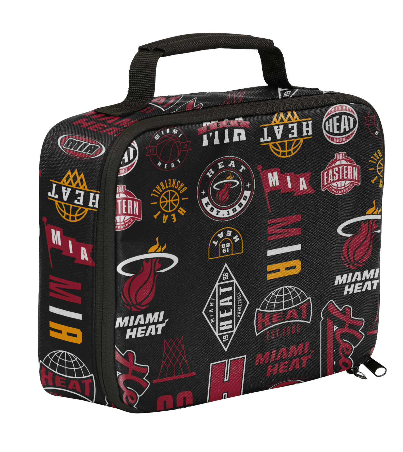 Introducing the Miami HEAT Ball Hog Lunchbox by Outerstuff—a black lunchbox adorned with a variety of Miami Heat logos, basketball graphics, and team-themed text in bold red, yellow, and white. Constructed from durable Polyester 600D and featuring a PEVA lining to keep food fresh, this lunchbox is surface washable for easy maintenance. Additional details include a black handle and a zippered main compartment for convenient storage.
