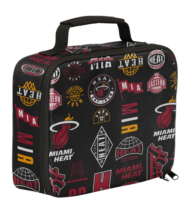 Introducing the Miami HEAT Ball Hog Lunchbox by Outerstuff—a black lunchbox adorned with a variety of Miami Heat logos, basketball graphics, and team-themed text in bold red, yellow, and white. Constructed from durable Polyester 600D and featuring a PEVA lining to keep food fresh, this lunchbox is surface washable for easy maintenance. Additional details include a black handle and a zippered main compartment for convenient storage.