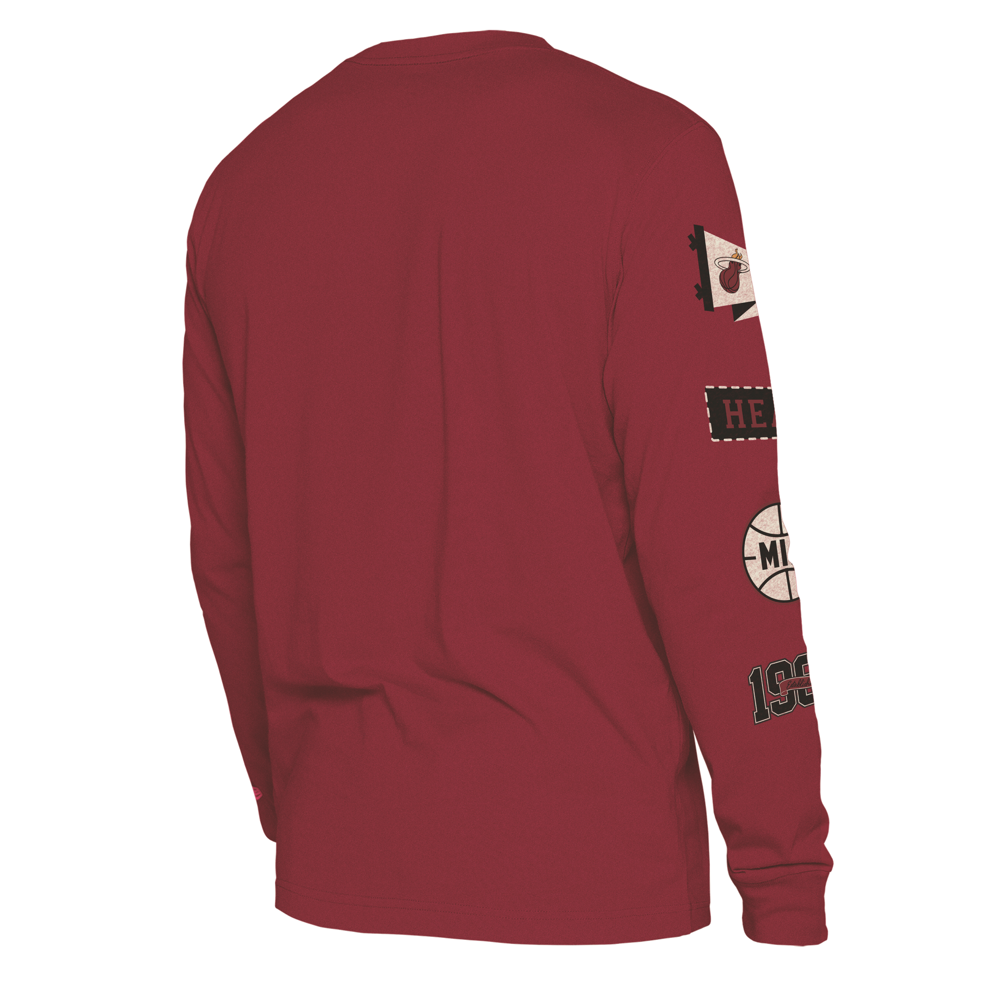 The New Era Miami HEAT Red Cuffed Long Sleeve Tee by New Era features back and right sleeve graphics—patches, a basketball, and 