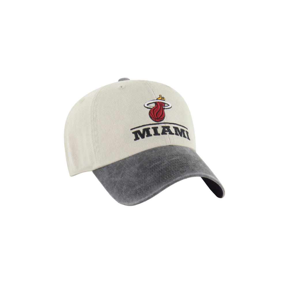 The ’47 Brand Miami HEAT Logo-Line Dad Hat features a two-tone design with a white crown and gray brim, showcasing the Miami Heat basketball team logo above the word “MIAMI” on the front. Made from cotton for comfortable wear, this ’47 Brand hat offers a one-size-fits-most fit and is easy to care for—just spot clean as needed.