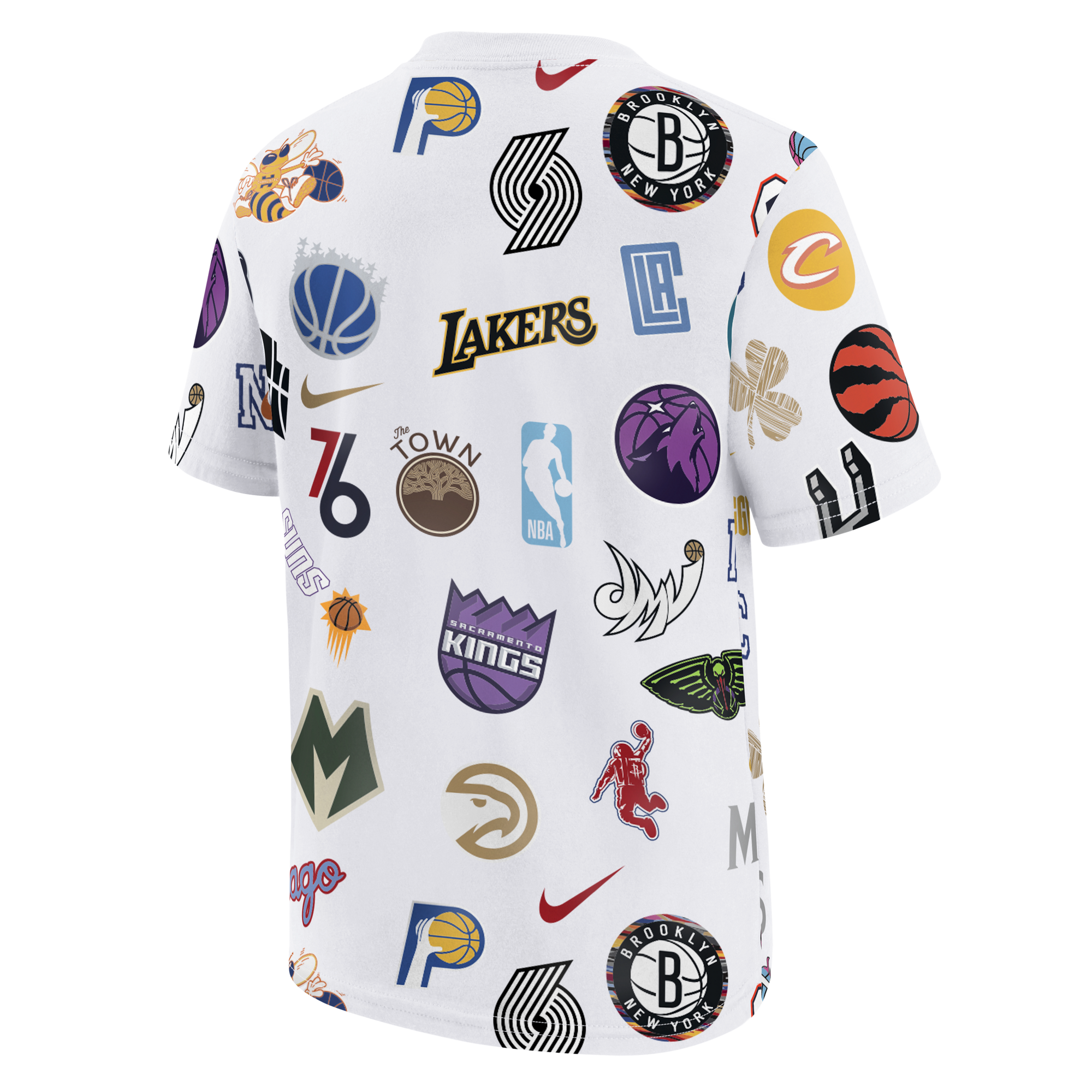 The Nike NBA Allover Original Vice Nights Logo Youth Tee is a white cotton shirt featuring colorful NBA team logos on the front, back, and sleeves. This standard-fit Nike tee is machine washable for easy care.