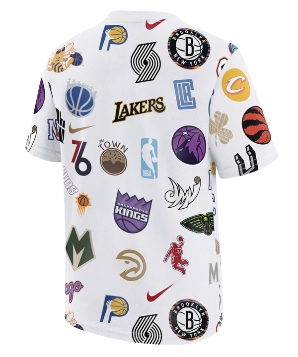 The Nike NBA Allover Original Vice Nights Logo Youth Tee by Nike is a white cotton t-shirt with colorful NBA team logos across the front. This machine-washable tee offers a standard fit for everyday comfort and style.