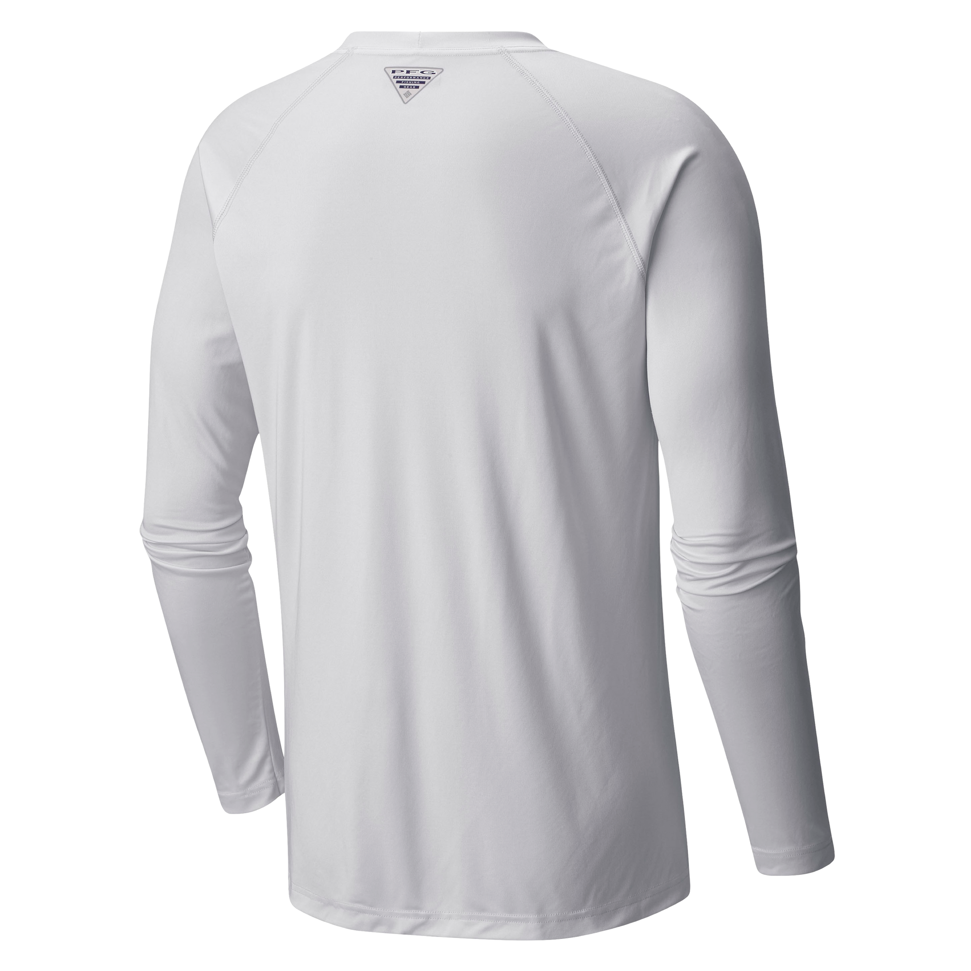 The Columbia Miami HEAT Logo Terminal Long Sleeve Tee by Columbia Outdoor is a white polyester shirt with a small triangular logo near the back neckline. It offers a clean, minimal design, standard fit, and is easy to care for—machine wash cold.