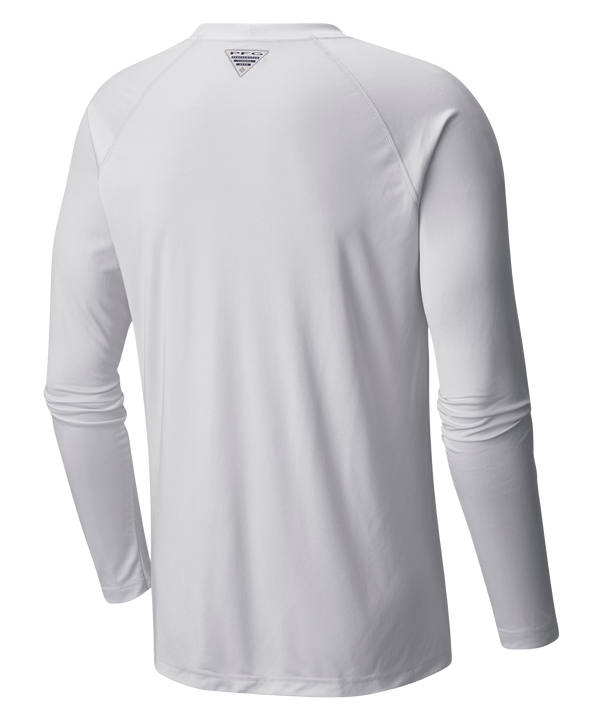 The Columbia Miami HEAT Logo Terminal Long Sleeve Tee by Columbia Outdoor is a white polyester shirt with the Miami Heat logo and text on the front, plus 