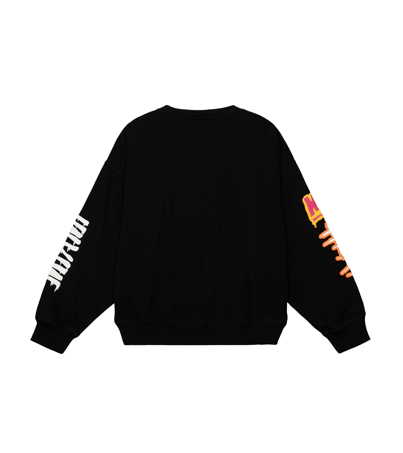 Black Mitchell & Ness Miami HEAT crewneck with white sleeve text and colorful heat logo on right sleeve. - Mitchell & Ness Miami HEAT Slap Sticker Crewneck