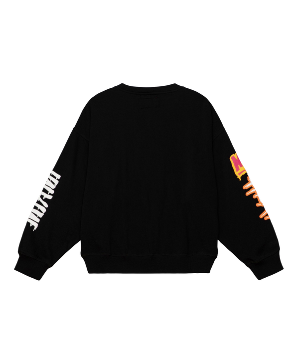 Black Mitchell & Ness Miami HEAT crewneck with colorful graphic and long sleeves. - Mitchell & Ness Miami HEAT Slap Sticker Crewneck