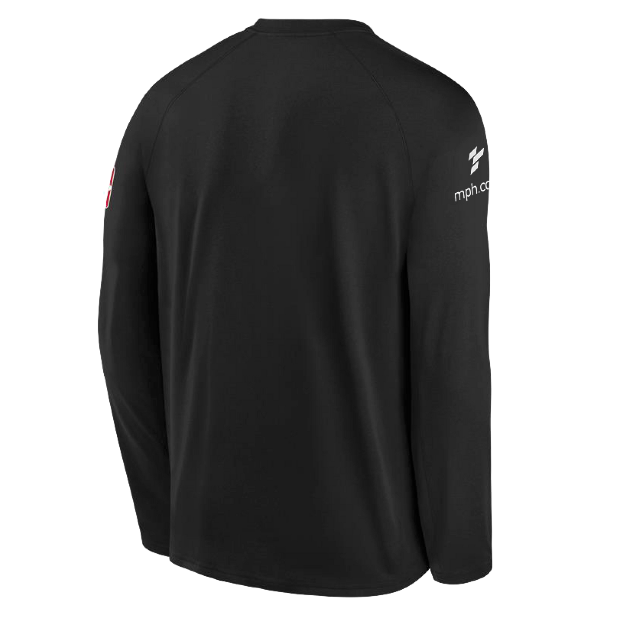 The Nike Miami HEAT Original Vice Nights Long Sleeve Wordmark Youth Tee by Nike is a black polyester shirt with white logos on the right shoulder and left sleeve, a red logo on the right sleeve, and no visible graphics on the back. Standard fit.