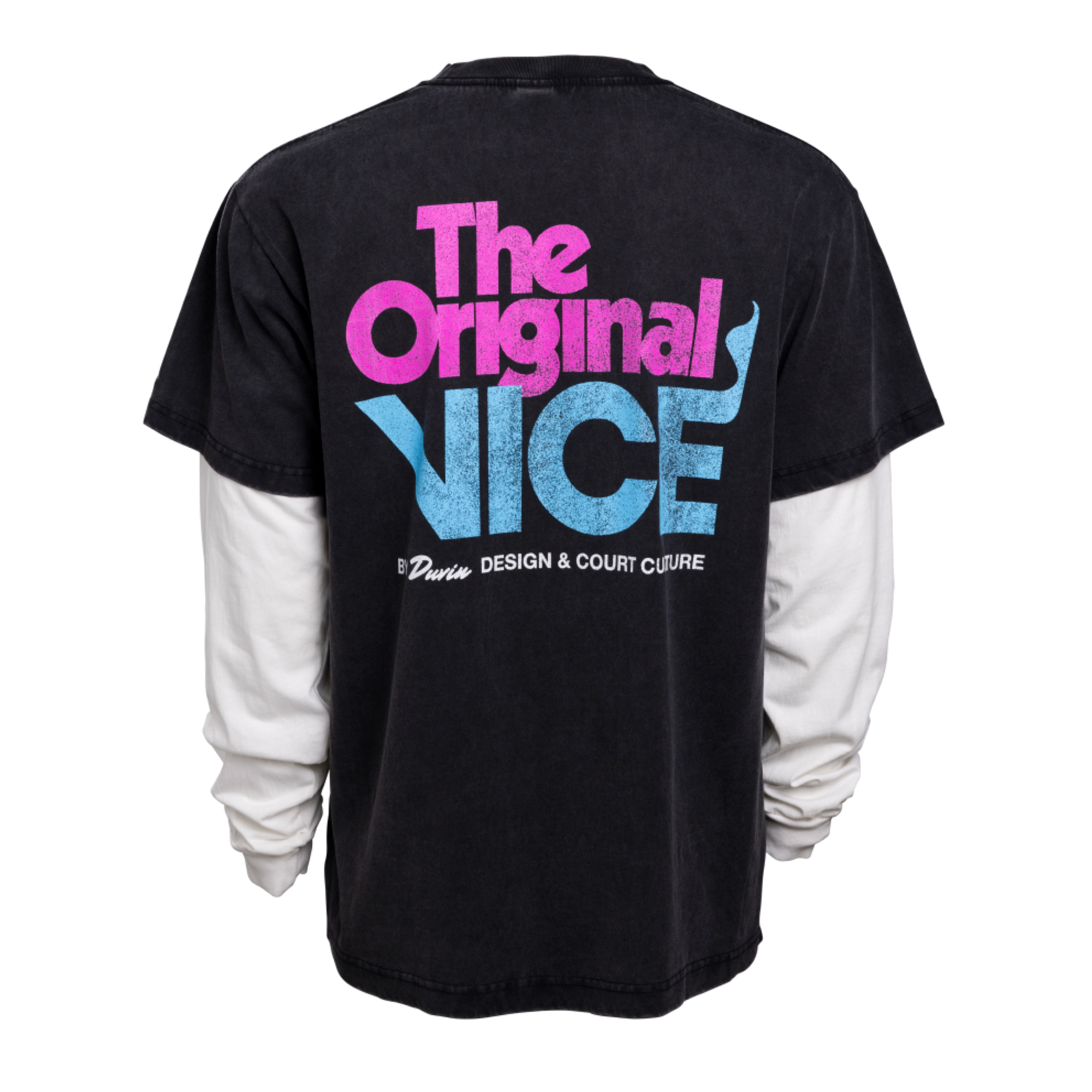 The Court Culture x Duvin Original Vice Long Sleeve Tee features a black vintage wash, white long sleeves, 