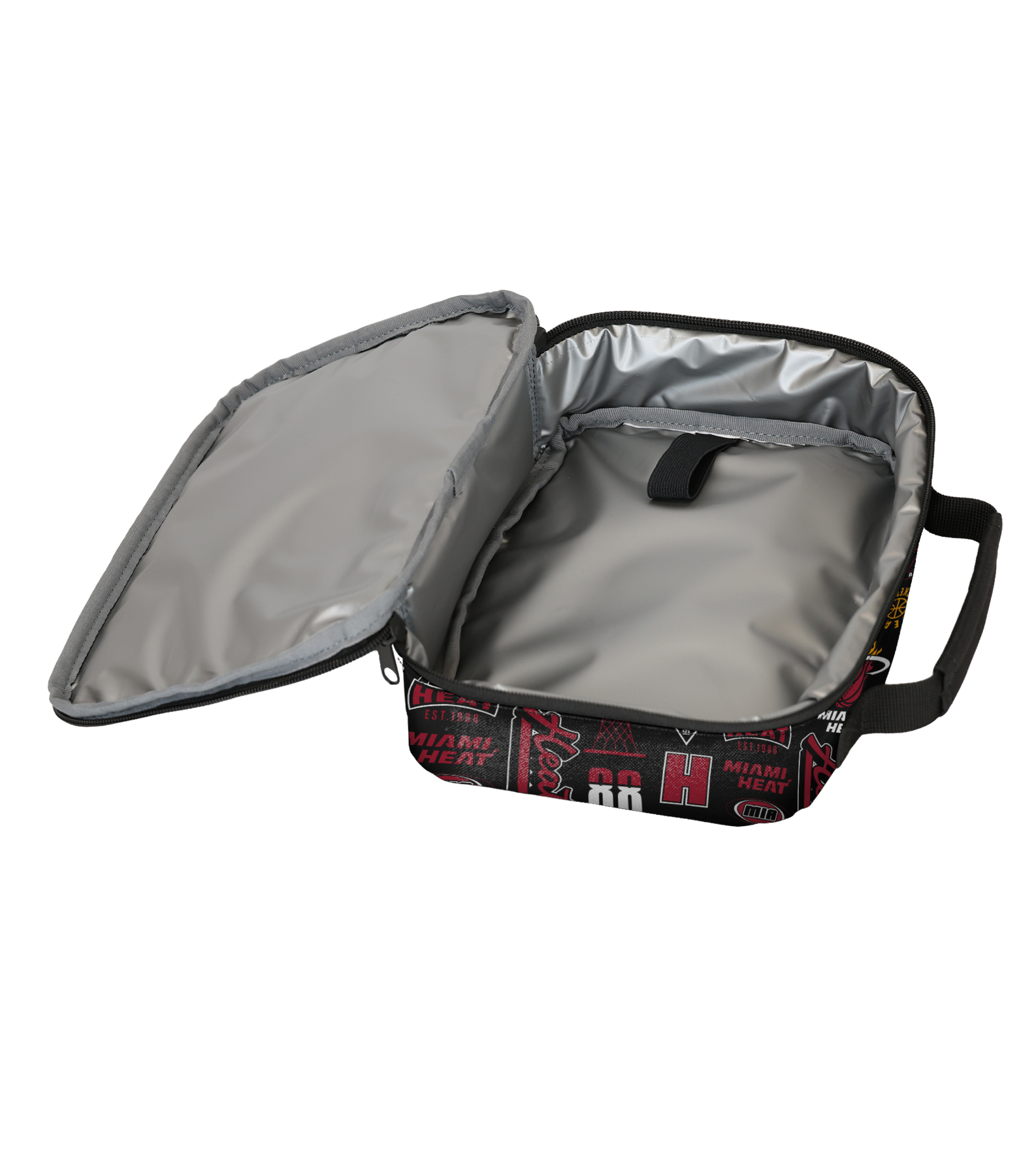 Introducing the Outerstuff Miami HEAT Ball Hog Lunchbox: Showcasing an open zipper lid that reveals a silver insulated PEVA-lined interior and a small strap for securing items, this lunch bag is crafted from durable Polyester 600D. It features a black handle and is conveniently surface washable for easy care.