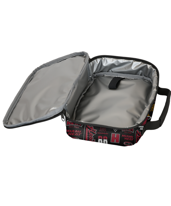 Introducing the Miami HEAT Ball Hog Lunchbox by Outerstuff—a black lunchbox adorned with a variety of Miami Heat logos, basketball graphics, and team-themed text in bold red, yellow, and white. Constructed from durable Polyester 600D and featuring a PEVA lining to keep food fresh, this lunchbox is surface washable for easy maintenance. Additional details include a black handle and a zippered main compartment for convenient storage.