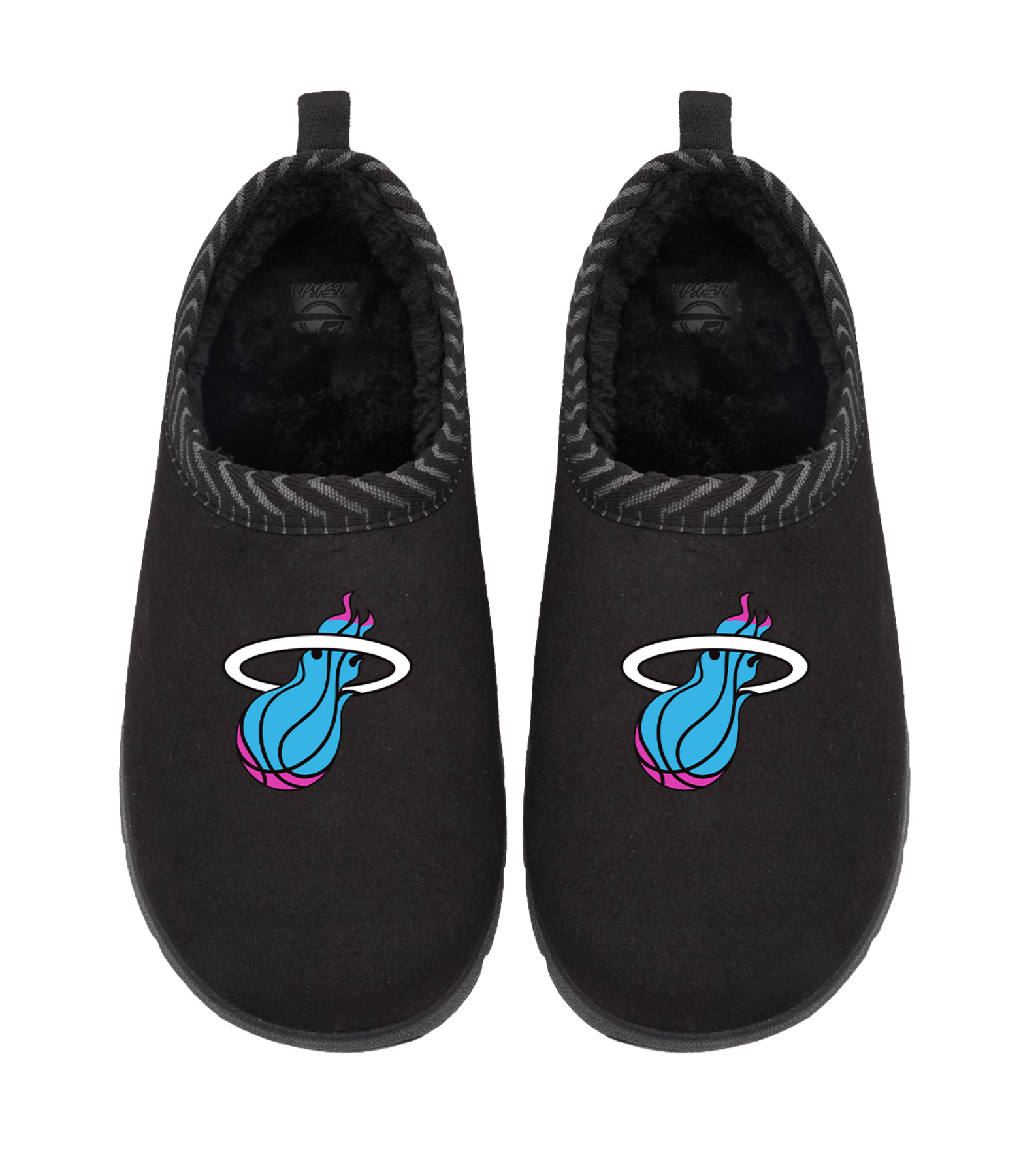 ISlide Miami HEAT Original Vice Nights Mission slippers in black with faux fur lining, featuring a teal and pink basketball flame logo on the top.