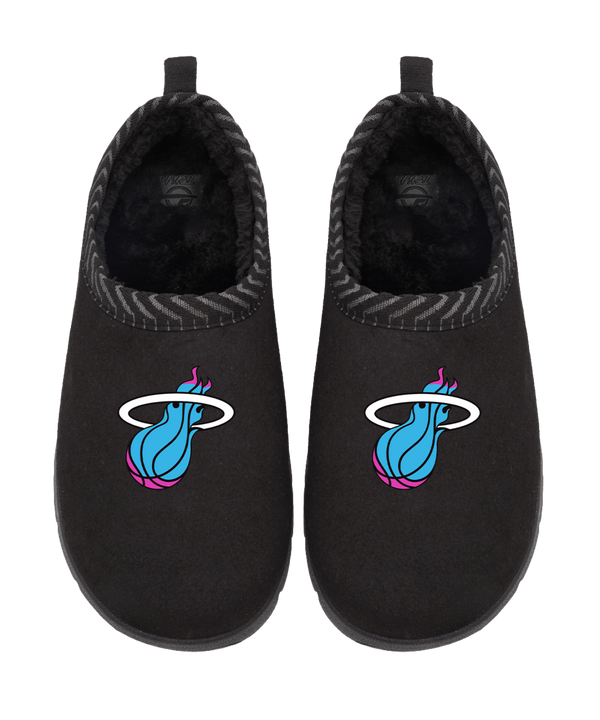 ISlide Miami HEAT Original Vice Nights Mission slippers in black with faux fur lining, featuring a teal and pink basketball flame logo on the top.