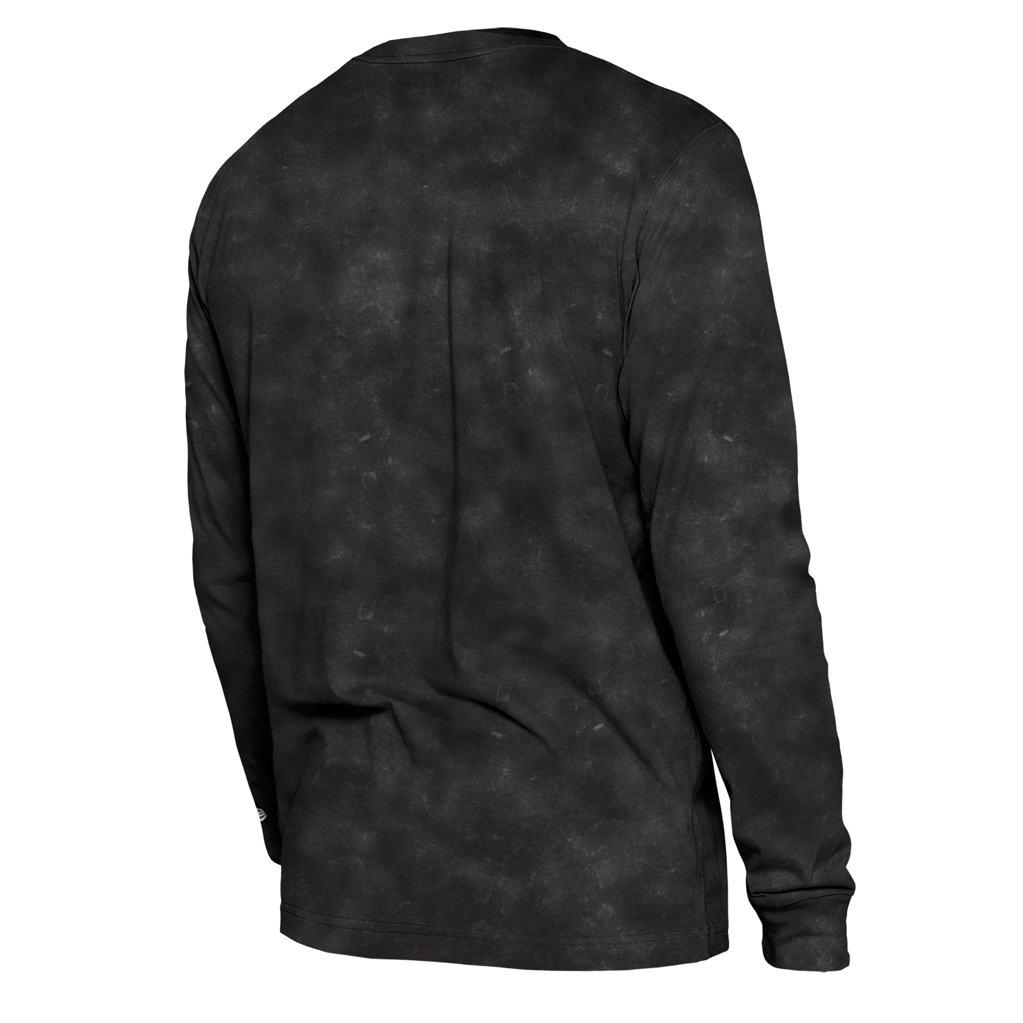 The New Era Miami HEAT Washed Long Sleeve Tee features a black, faded mottled pattern and an oversized fit, shown from the back against a plain white background.