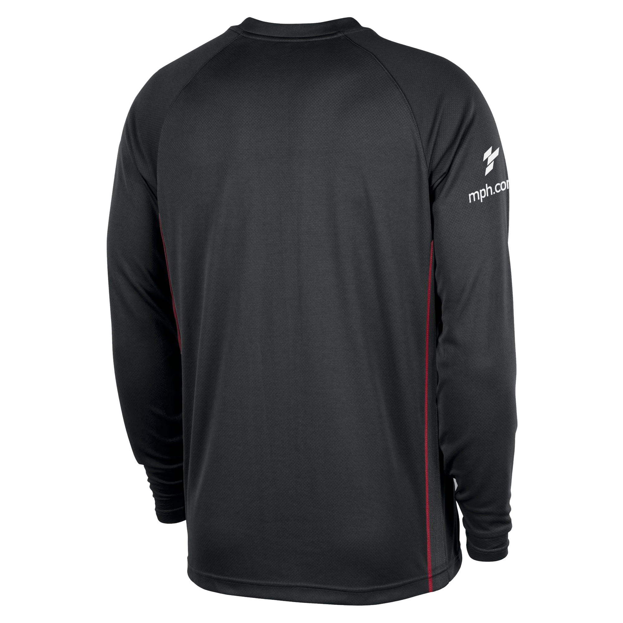 The Nike Miami HEAT 2025-26 On-Court Long Sleeve Shooting Shirt is a black athletic top with Dri-FIT moisture wicking, subtle red side stitching, and a small white Nike logo with text on the upper left sleeve.