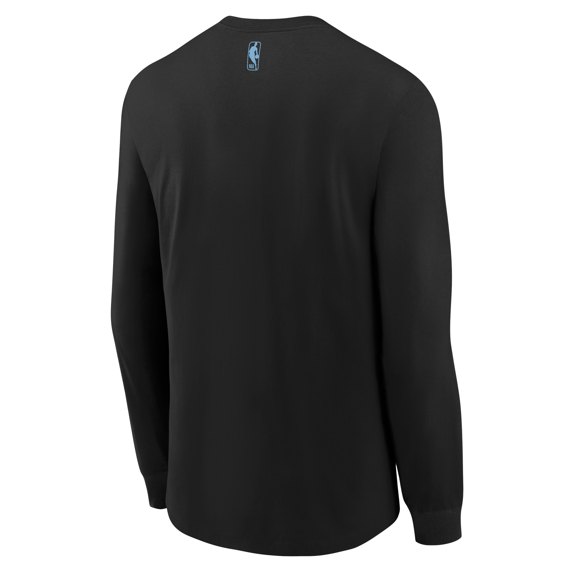 The Nike Miami HEAT Original Vice Nights Long Sleeve Youth Tee is a black, standard fit cotton shirt. Shown from the back, it features the NBA logo in light blue and white below the neckline. Machine washable for easy care.